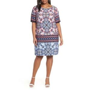 Eliza J Womens Blue Geo Print Short Sleeve Shift Dress Plus Size 24W New